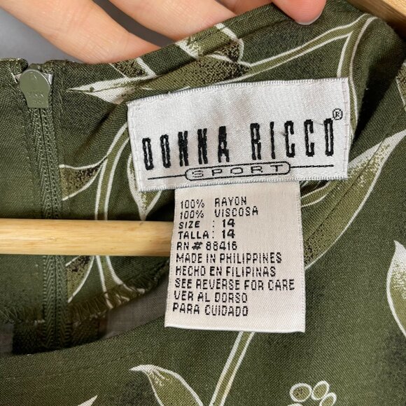 Vintage 90s Dress Green Leafy Floral Momcore Rayon Sleeveless Tie Waist Green - Picture 7 of 15